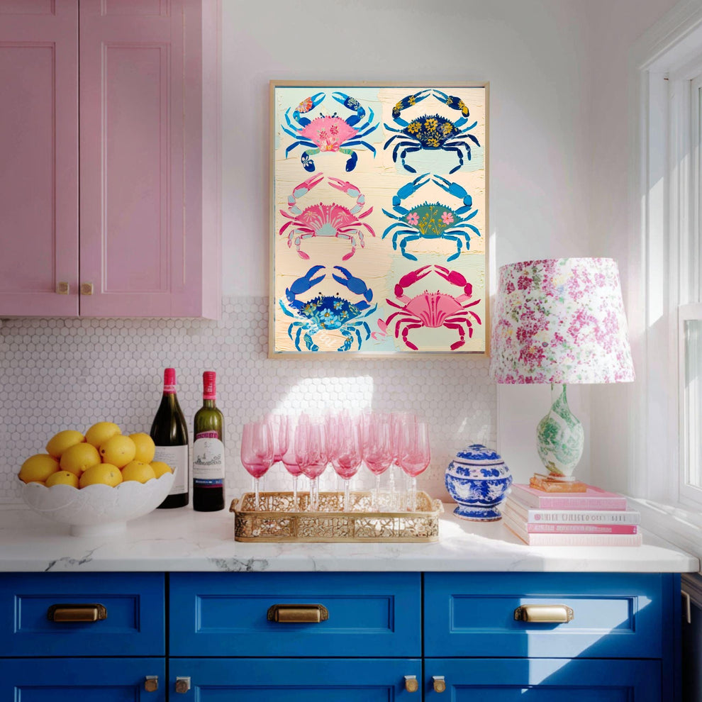 Colorful Crab Art Print – Maximalist Folk Art Coastal Bathroom Decor