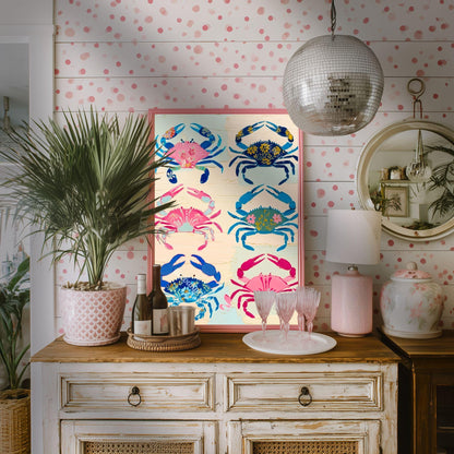 Colorful Crab Art Print – Maximalist Folk Art Coastal Bathroom Decor