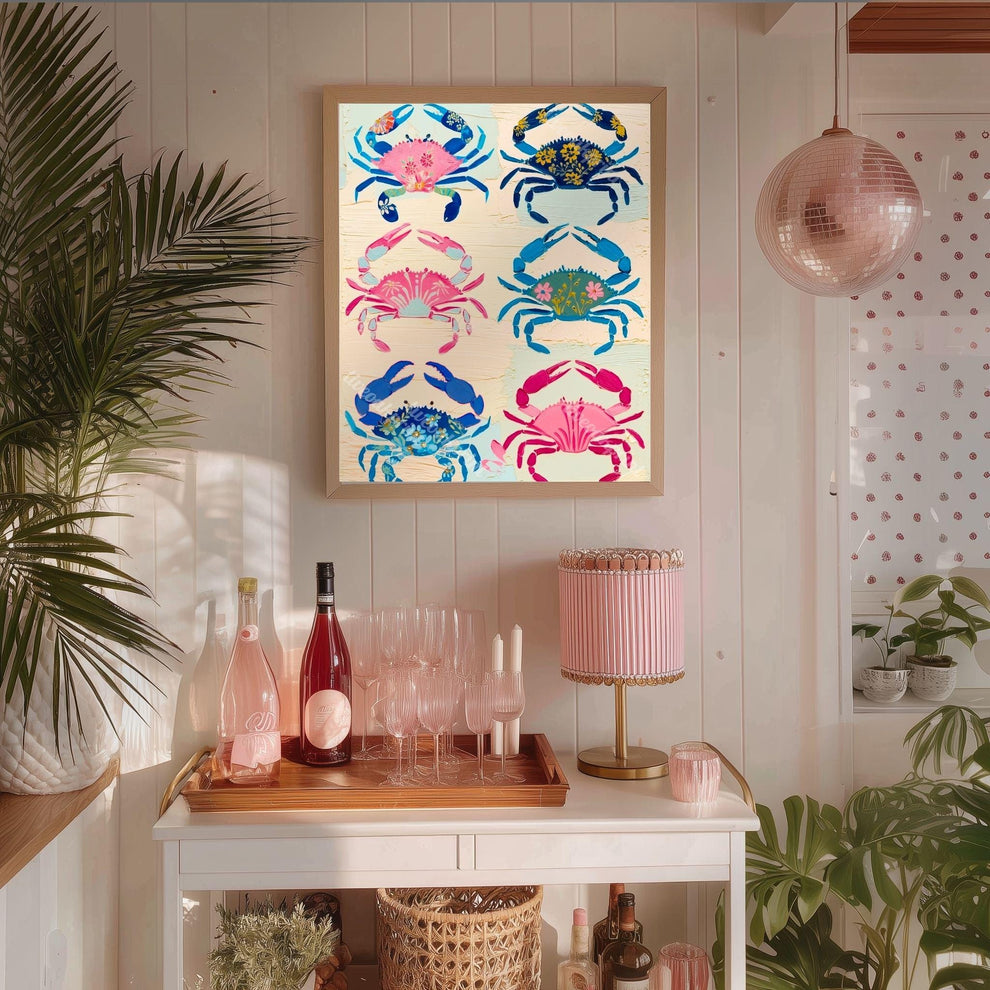 Colorful Crab Art Print – Maximalist Folk Art Coastal Bathroom Decor