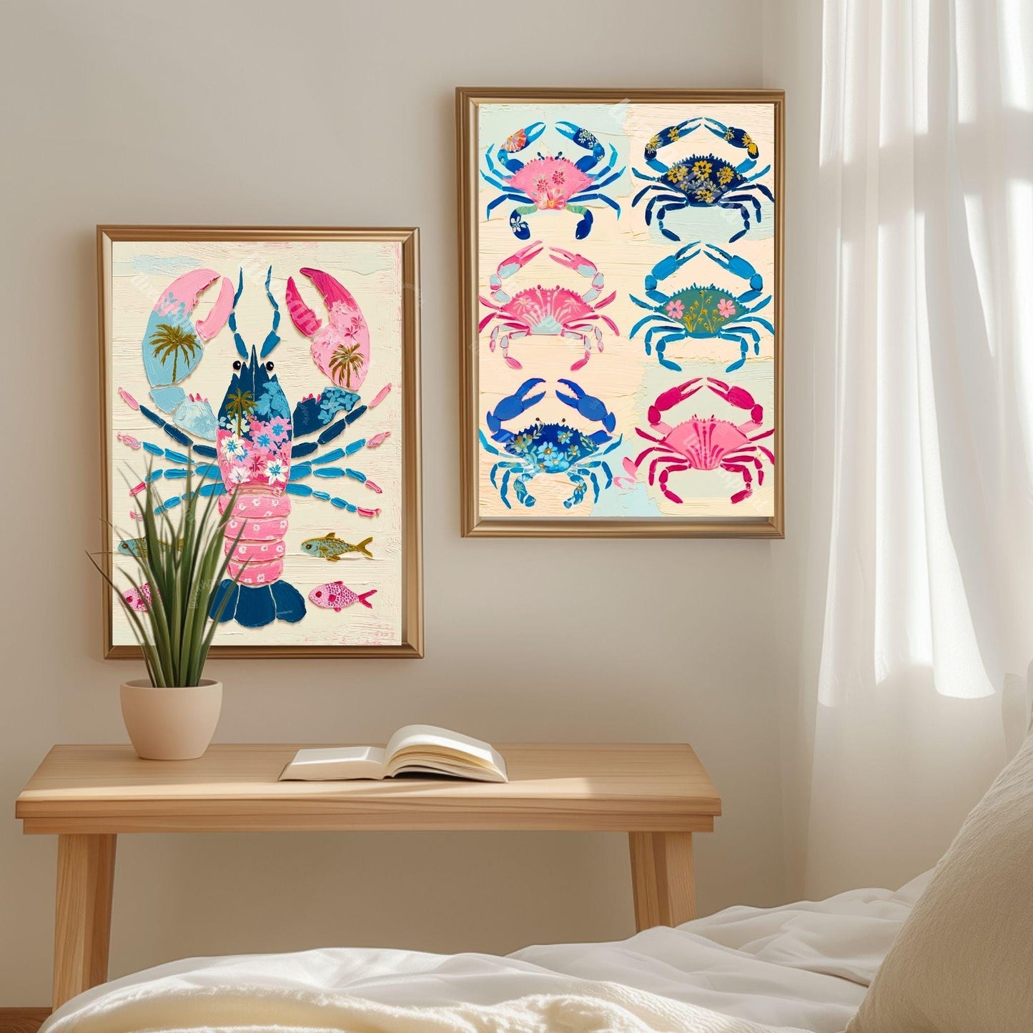 Colorful Crab Art Print – Maximalist Folk Art Coastal Bathroom Decor