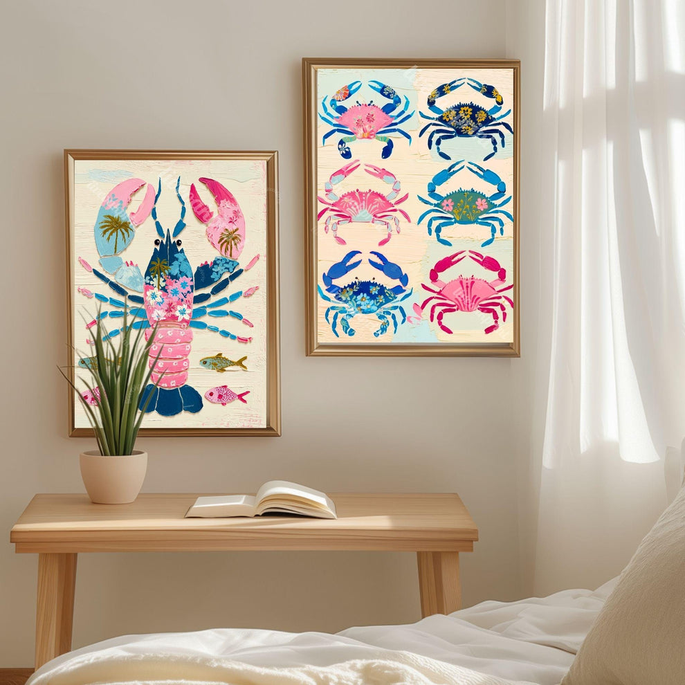 Colorful Crab Art Print – Maximalist Folk Art Coastal Bathroom Decor