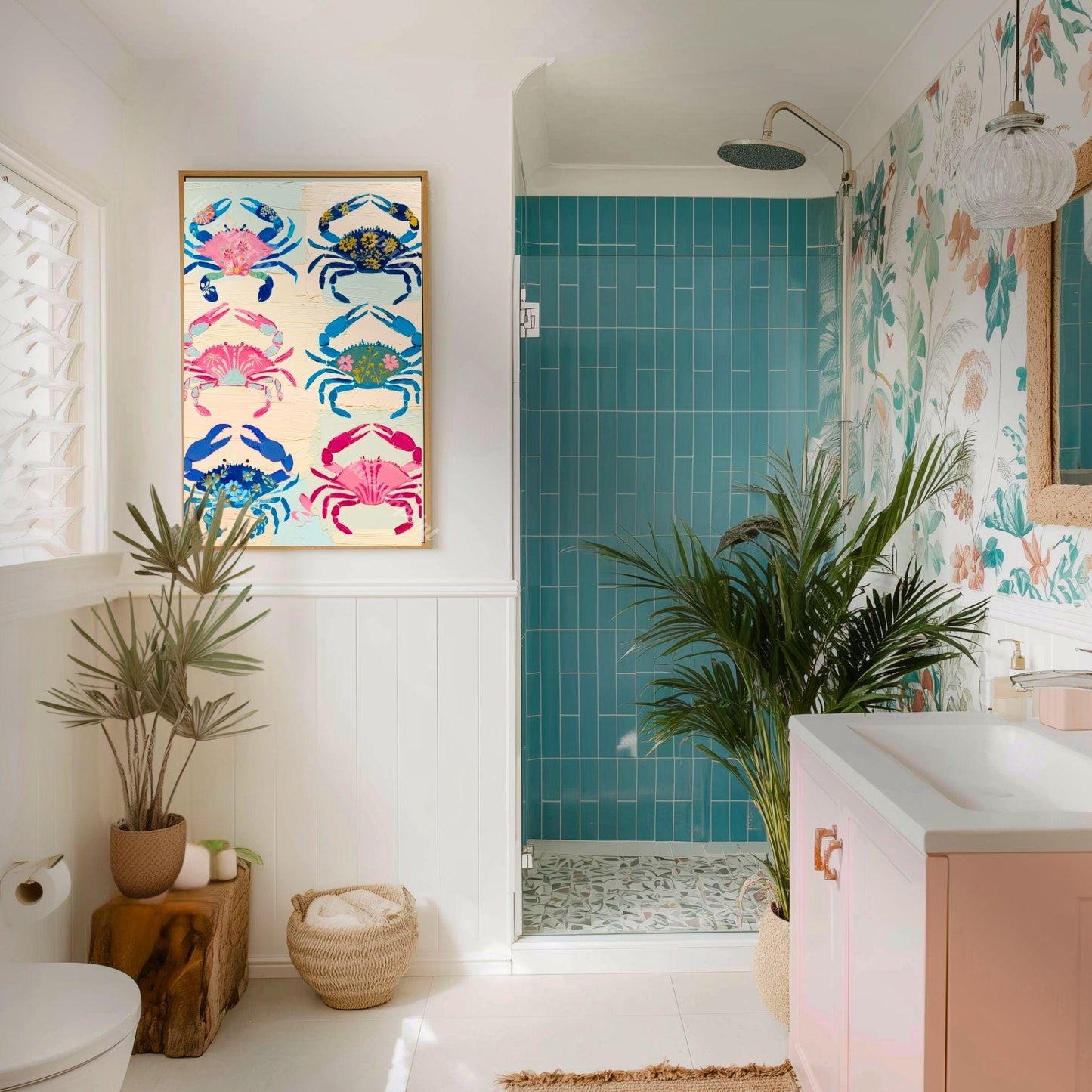 Colorful Crab Art Print – Maximalist Folk Art Coastal Bathroom Decor