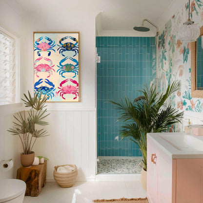 Colorful Crab Art Print – Maximalist Folk Art Coastal Bathroom Decor