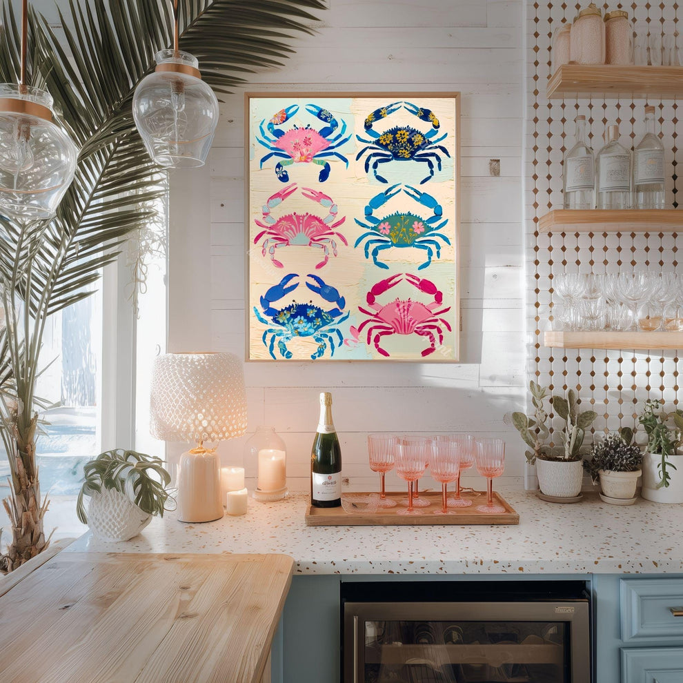 Colorful Crab Art Print – Maximalist Folk Art Coastal Bathroom Decor