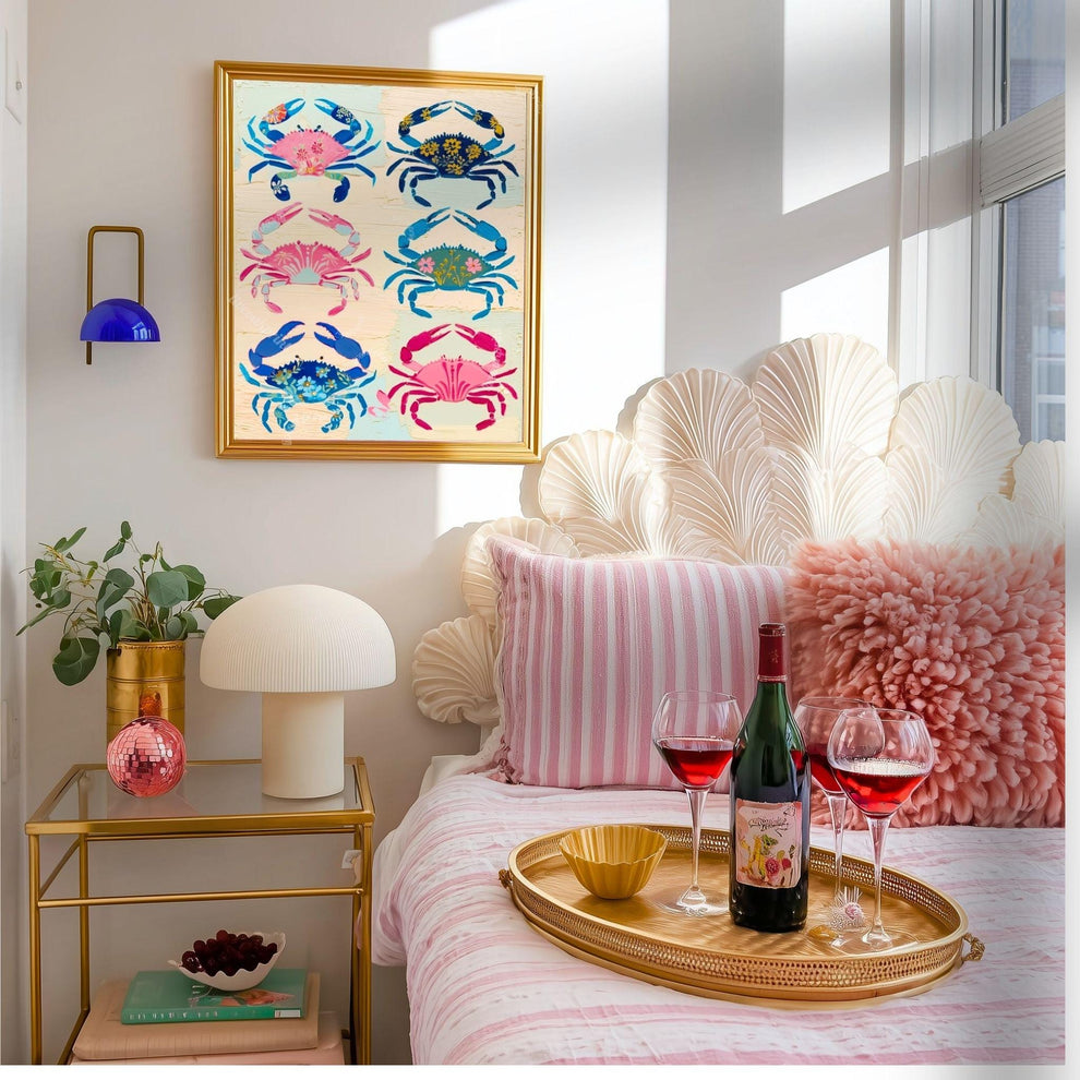 Colorful Crab Art Print – Maximalist Folk Art Coastal Bathroom Decor