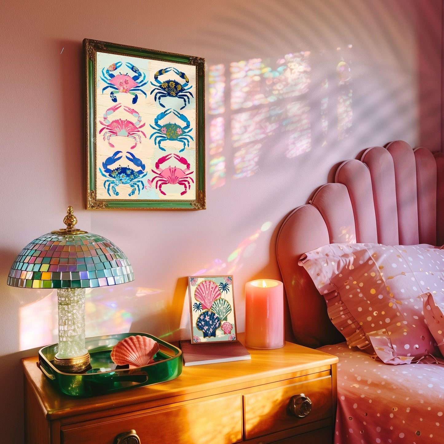 Colorful Crab Art Print – Maximalist Folk Art Coastal Bathroom Decor