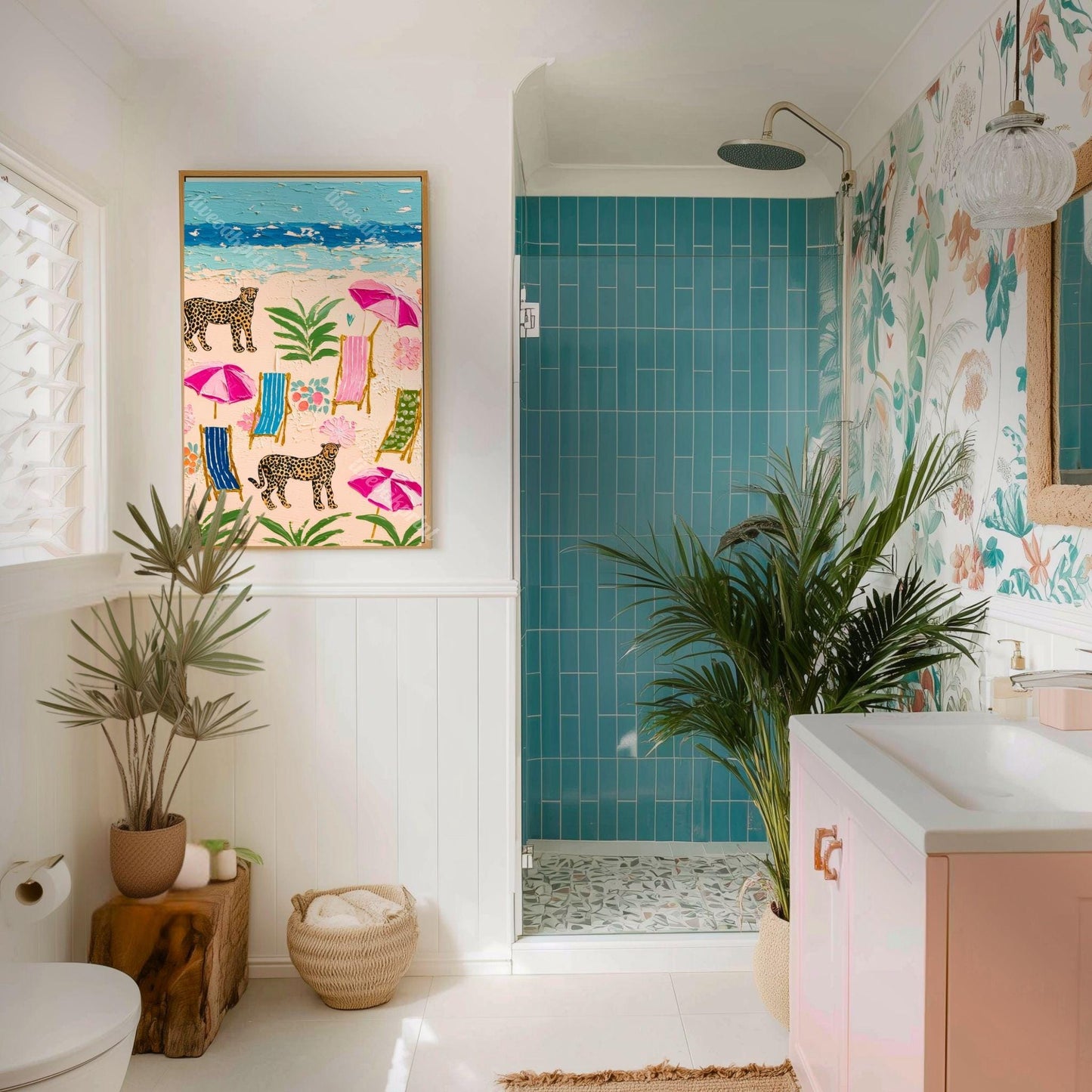 Cheetah Beach Print – Maximalist Coastal Leopard Wall Art, Tropical Eclectic Decor