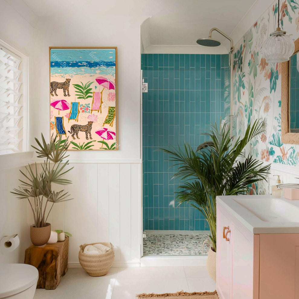 Cheetah Beach Print – Maximalist Coastal Leopard Wall Art, Tropical Eclectic Decor
