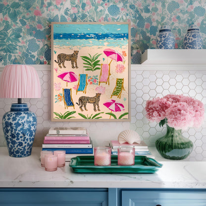 Cheetah Beach Print – Maximalist Coastal Leopard Wall Art, Tropical Eclectic Decor