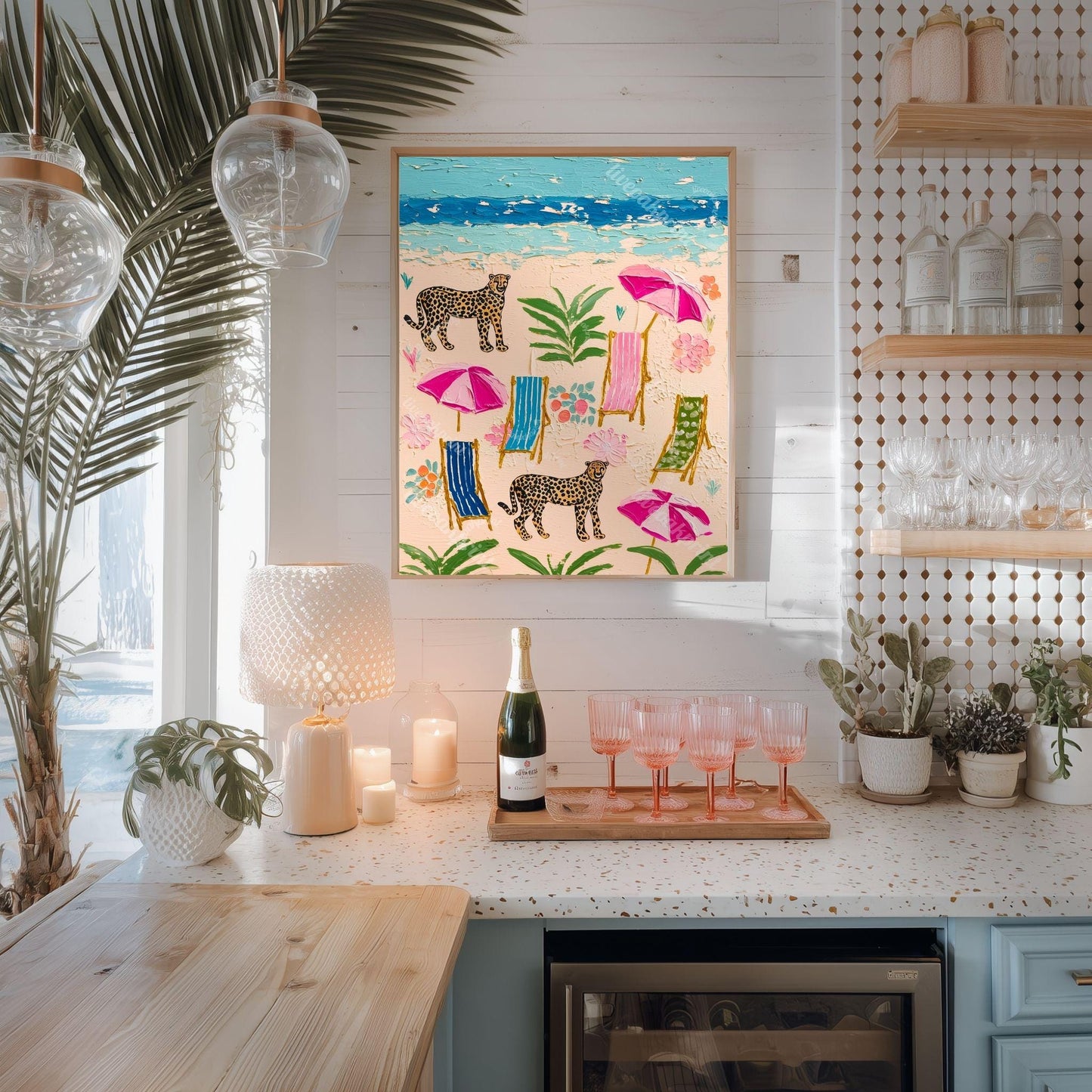 Cheetah Beach Print – Maximalist Coastal Leopard Wall Art, Tropical Eclectic Decor