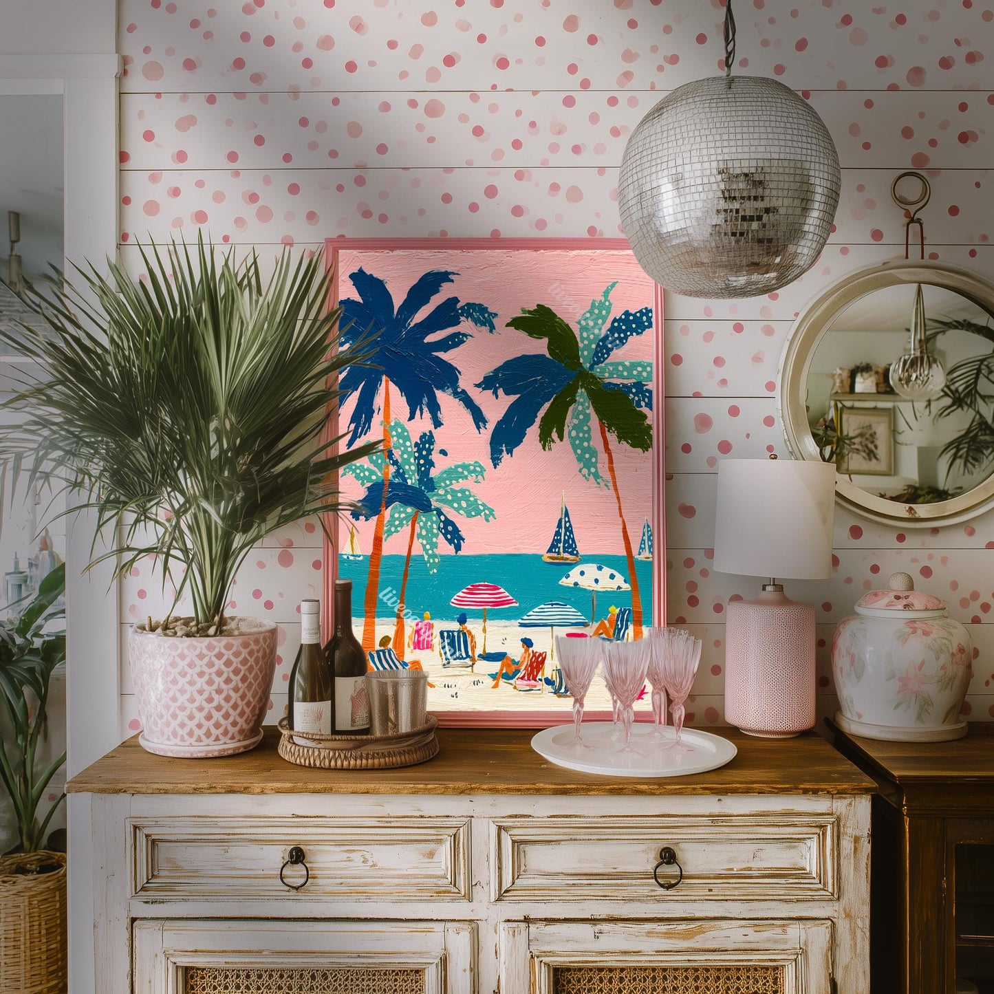 Tropical Beach Print – Retro Palm Tree Wall Art Coastal Decor Pink Sunset Vintage Summer Vacation Nautical Ocean Art