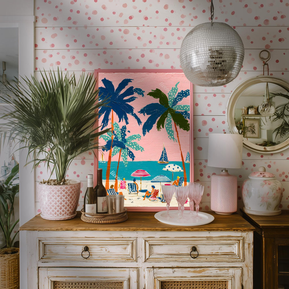 Tropical Beach Print – Retro Palm Tree Wall Art Coastal Decor Pink Sunset Vintage Summer Vacation Nautical Ocean Art