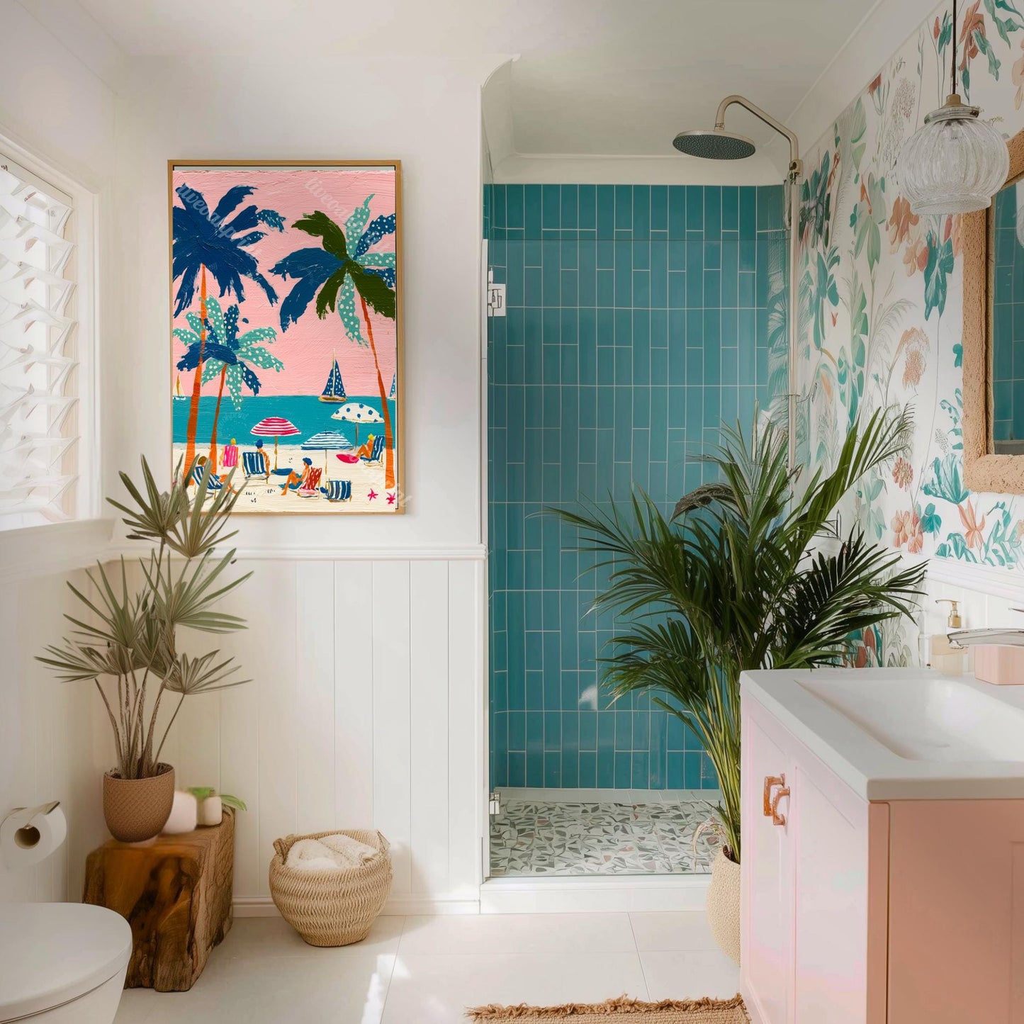 Tropical Beach Print – Retro Palm Tree Wall Art Coastal Decor Pink Sunset Vintage Summer Vacation Nautical Ocean Art