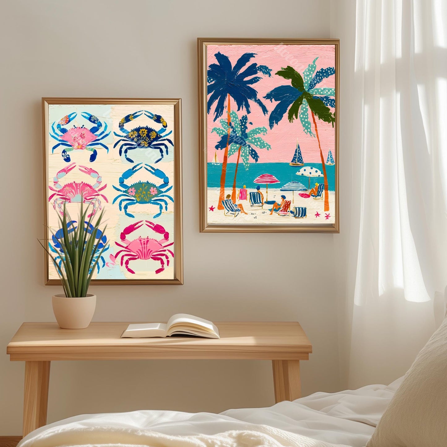 Tropical Beach Print – Retro Palm Tree Wall Art Coastal Decor Pink Sunset Vintage Summer Vacation Nautical Ocean Art