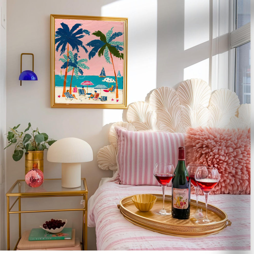 Tropical Beach Print – Retro Palm Tree Wall Art Coastal Decor Pink Sunset Vintage Summer Vacation Nautical Ocean Art