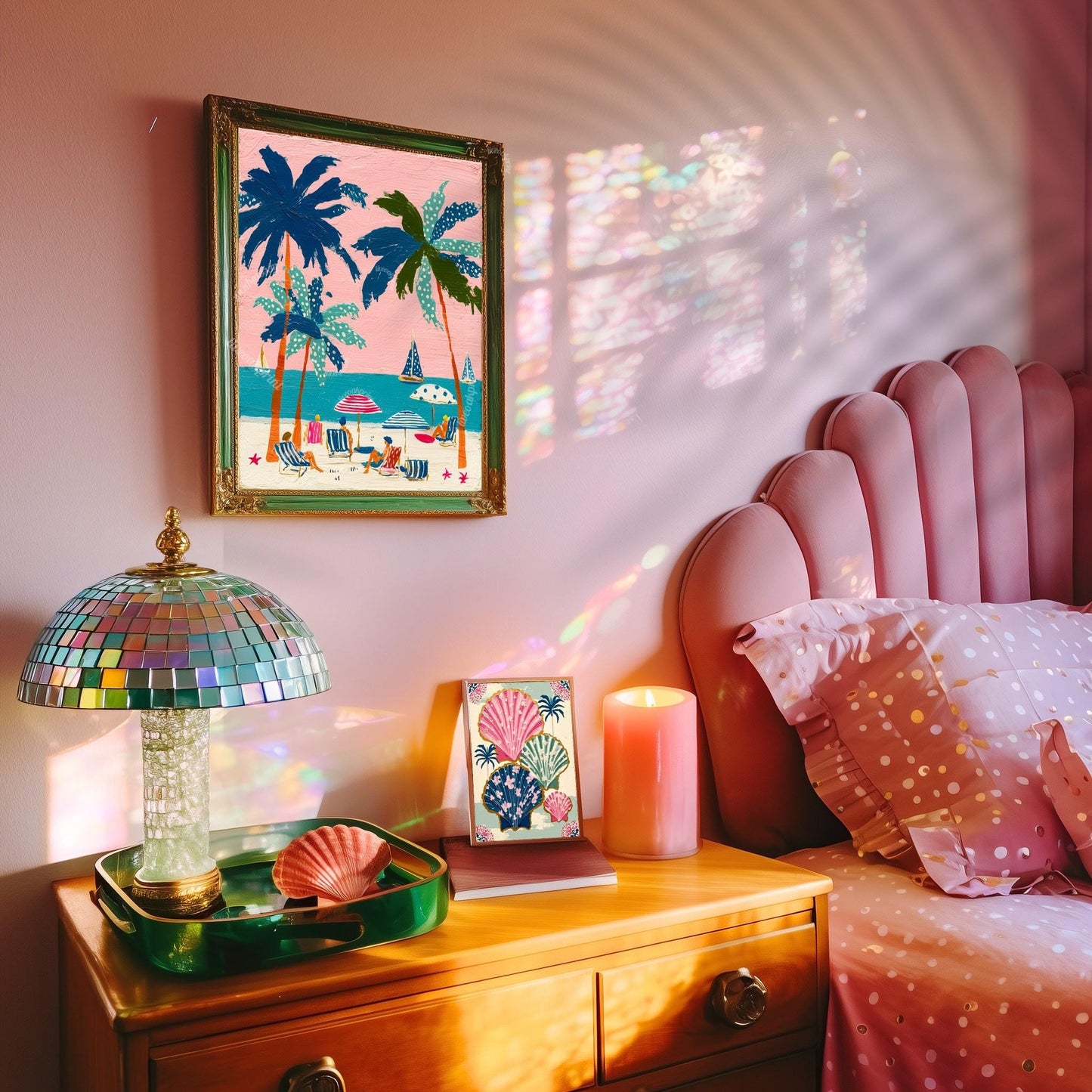 Tropical Beach Print – Retro Palm Tree Wall Art Coastal Decor Pink Sunset Vintage Summer Vacation Nautical Ocean Art
