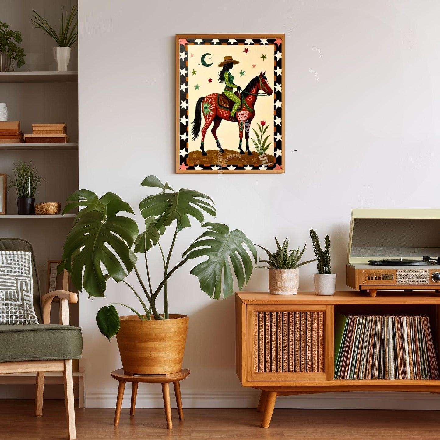 Cowgirl Riding Horse Print – Western Folk Art Boho Desert Night Moon Stars