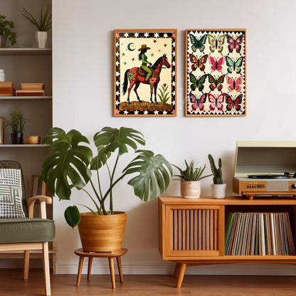 Cowgirl Riding Horse Print – Western Folk Art Boho Desert Night Moon Stars