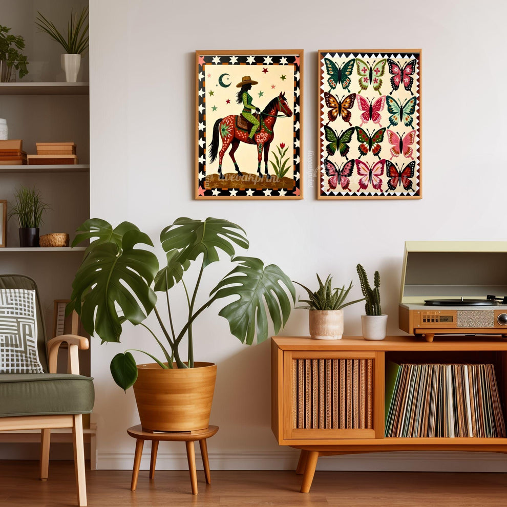 Cowgirl Riding Horse Print – Western Folk Art Boho Desert Night Moon Stars