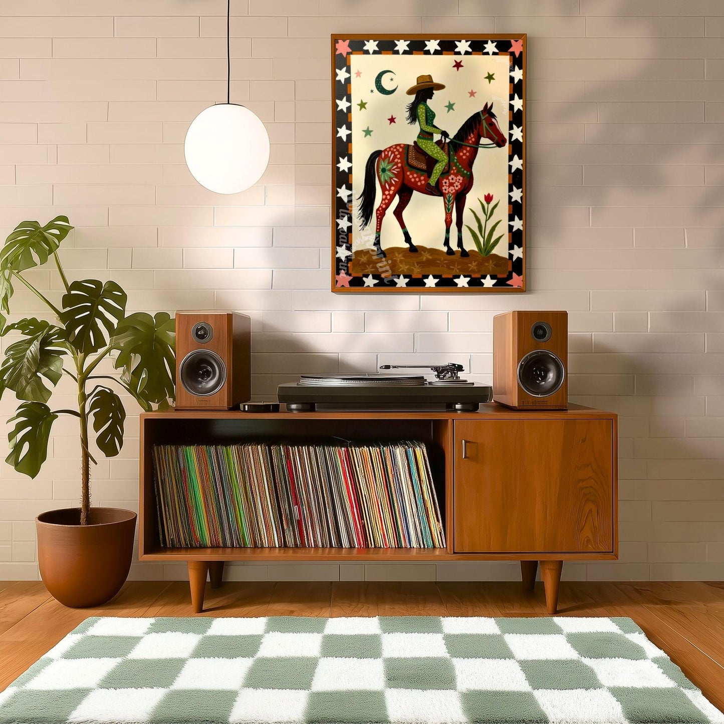 Cowgirl Riding Horse Print – Western Folk Art Boho Desert Night Moon Stars