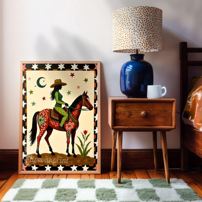 Cowgirl Riding Horse Print – Western Folk Art Boho Desert Night Moon Stars