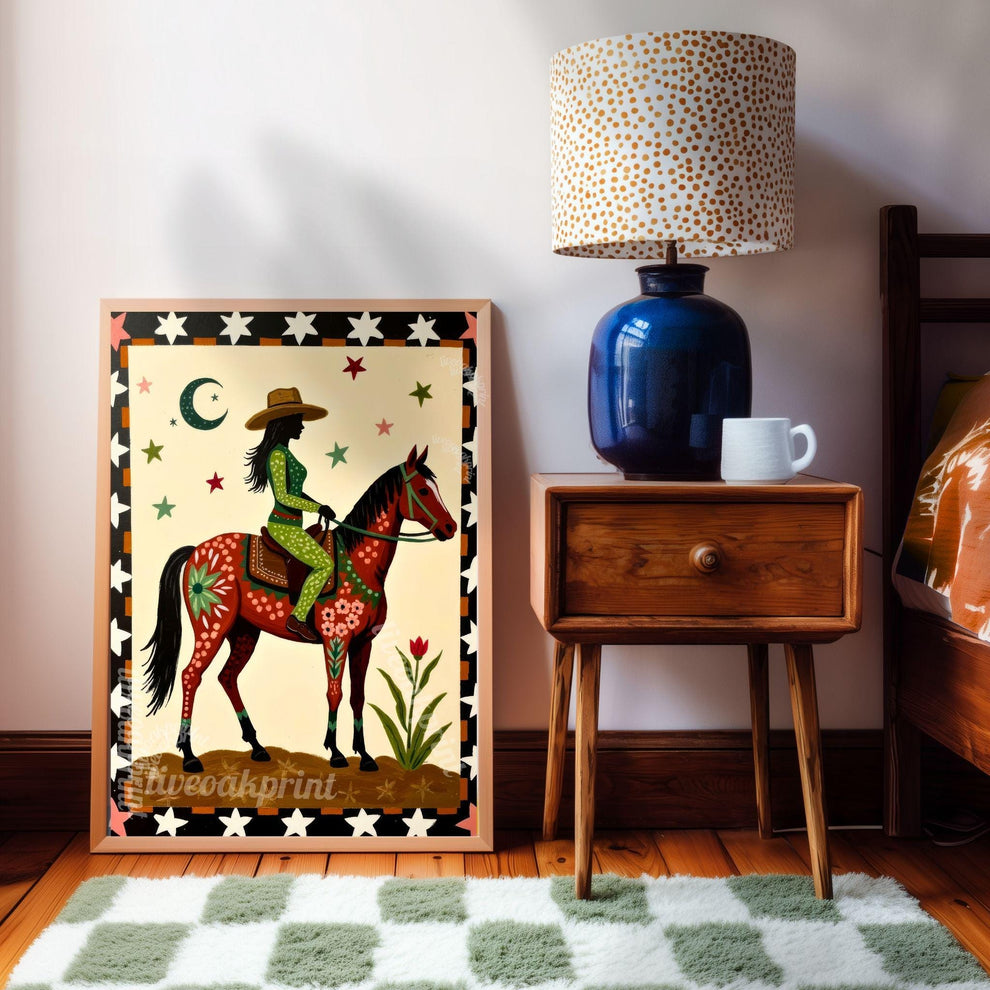 Cowgirl Riding Horse Print – Western Folk Art Boho Desert Night Moon Stars