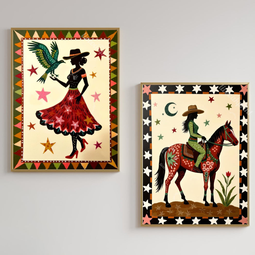 Cowgirl Folk Art Prints – Western Boho Silhouette Set, Bird and Horse Southwest Gallery Wall