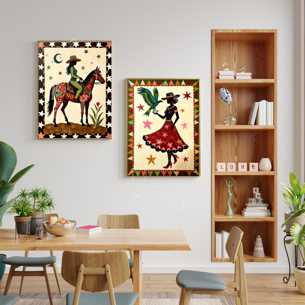 Cowgirl Folk Art Prints – Western Boho Silhouette Set, Bird and Horse Southwest Gallery Wall