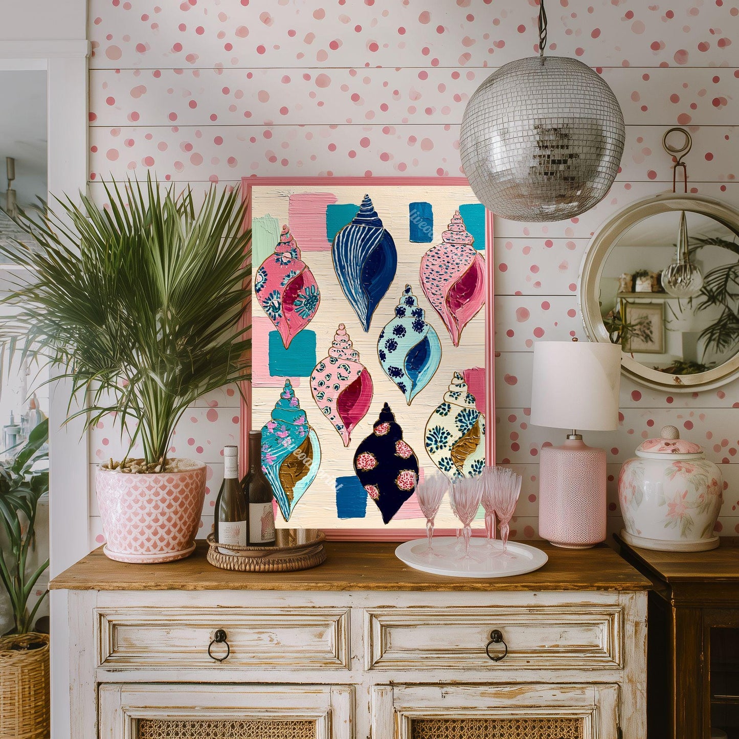 Seashell Art Print – Coastal Folk Art Collection, Preppy Beach House Decor