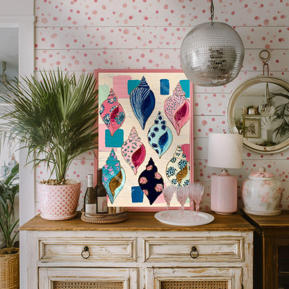 Seashell Art Print – Coastal Folk Art Collection, Preppy Beach House Decor
