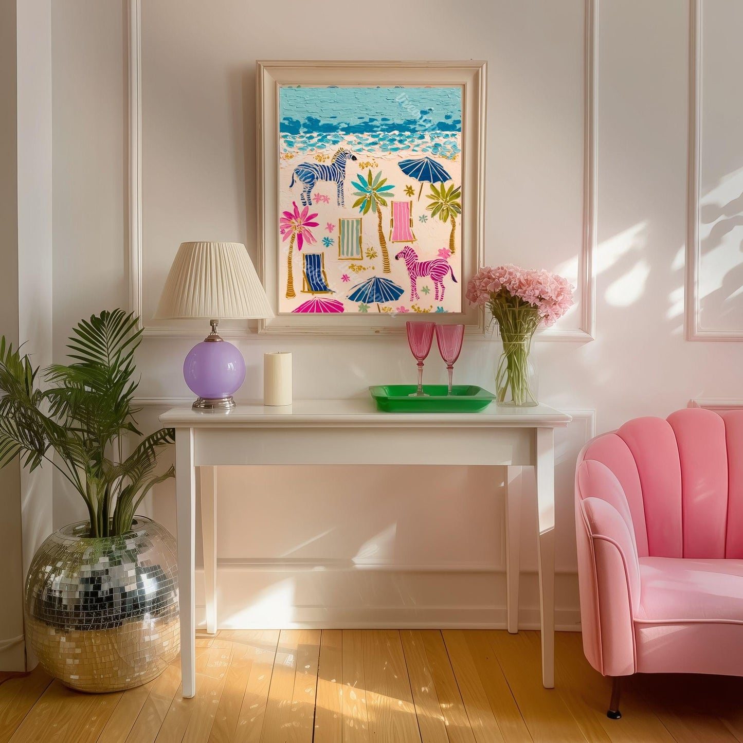 Playful Zebras Beach Print – Whimsical Tropical Folk Art Coastal Decor