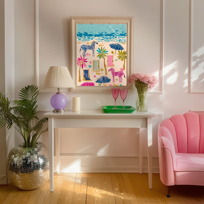 Playful Zebras Beach Print – Whimsical Tropical Folk Art Coastal Decor