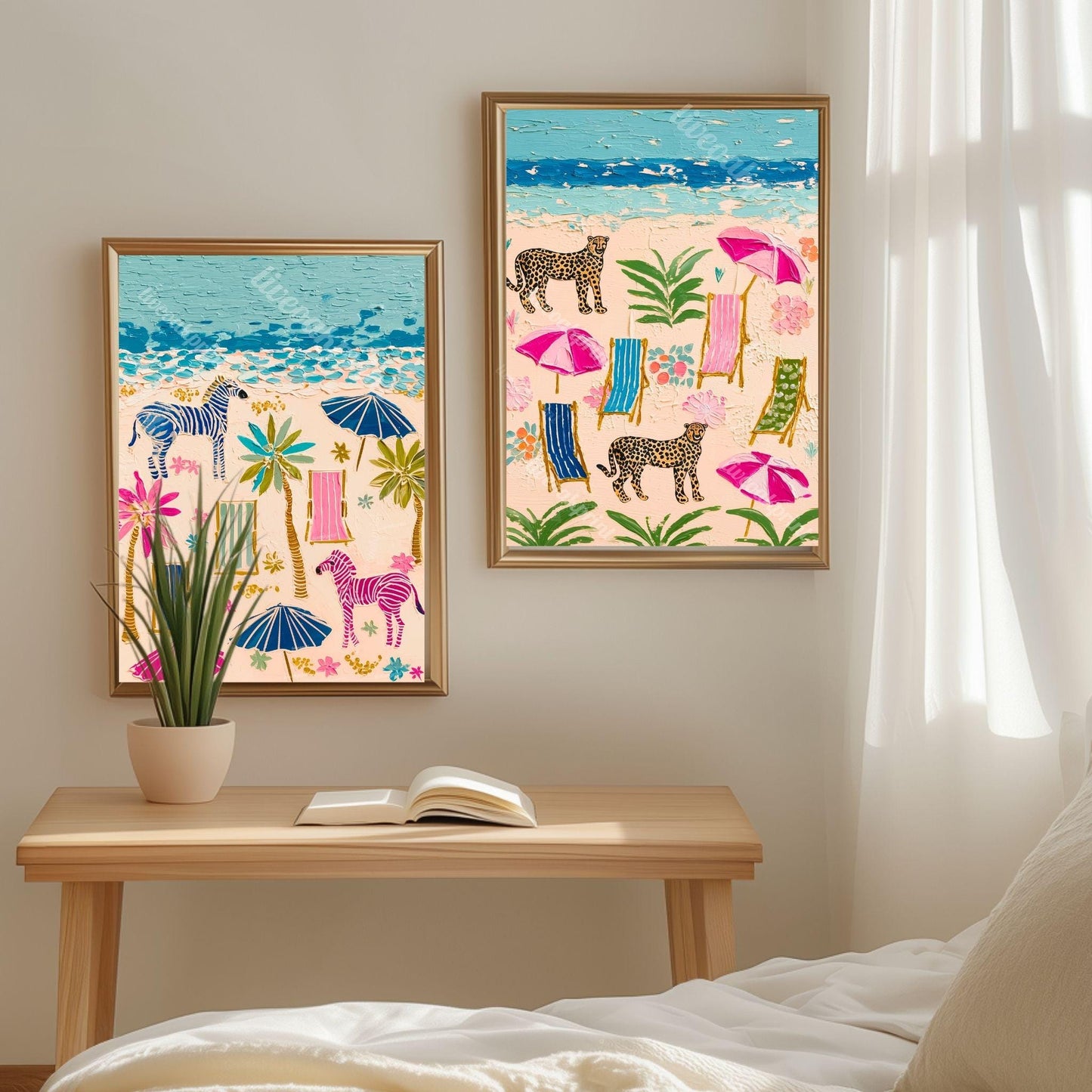 Playful Zebras Beach Print – Whimsical Tropical Folk Art Coastal Decor