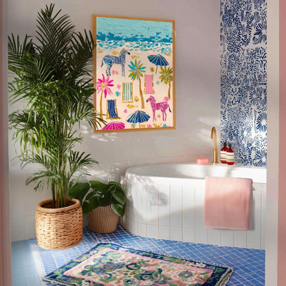 Playful Zebras Beach Print – Whimsical Tropical Folk Art Coastal Decor