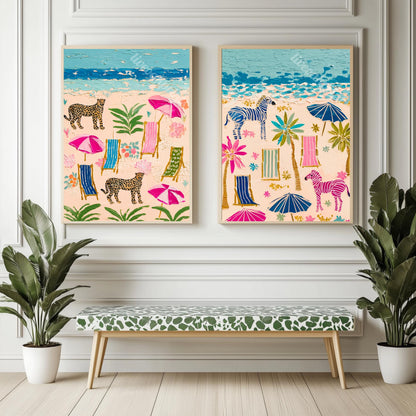Zebra Cheetah Beach Prints Set of Two - Whimsical Coastal Beach House Maximalist