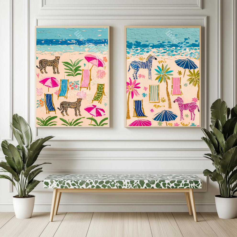 Zebra Cheetah Beach Prints Set of Two - Whimsical Coastal Beach House Maximalist