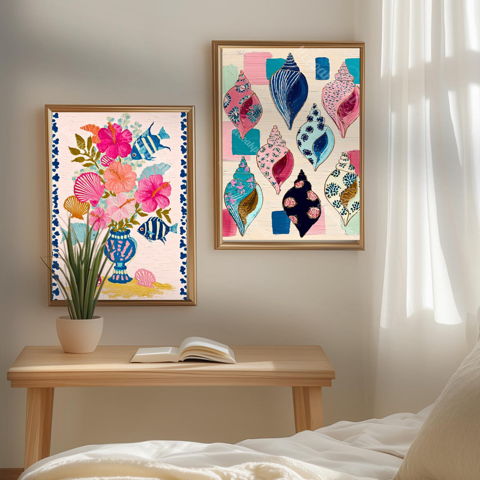 Beachy Bouquet Art Print - Tropical Hibiscus Wall Art Beach House Decor