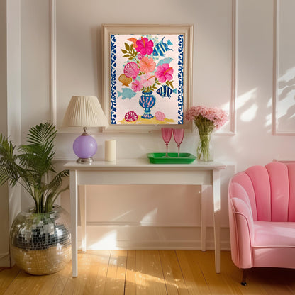 Beachy Bouquet Art Print - Tropical Hibiscus Wall Art Beach House Decor