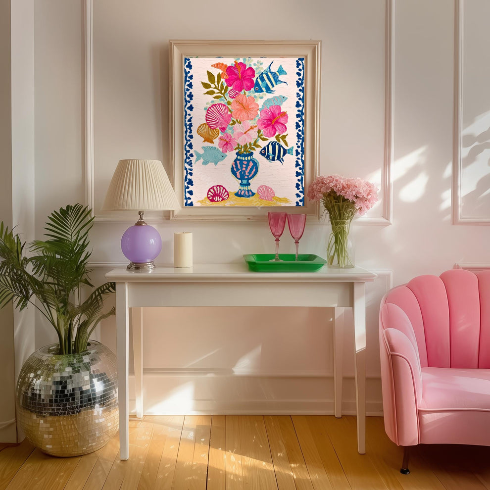Beachy Bouquet Art Print - Tropical Hibiscus Wall Art Beach House Decor