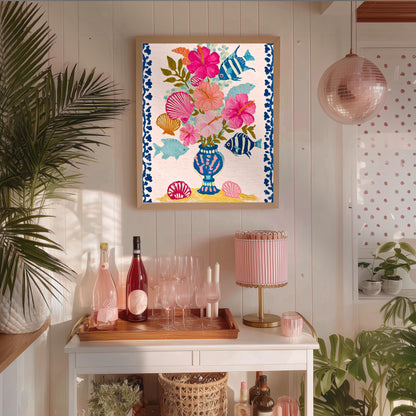 Beachy Bouquet Art Print - Tropical Hibiscus Wall Art Beach House Decor