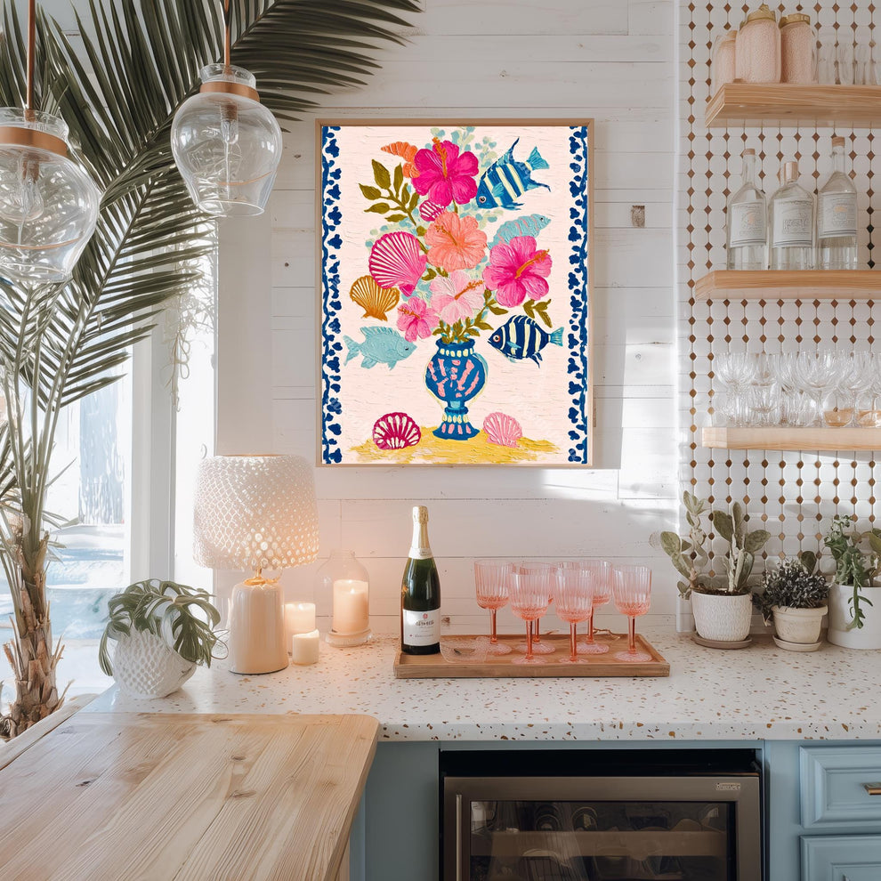 Beachy Bouquet Art Print - Tropical Hibiscus Wall Art Beach House Decor