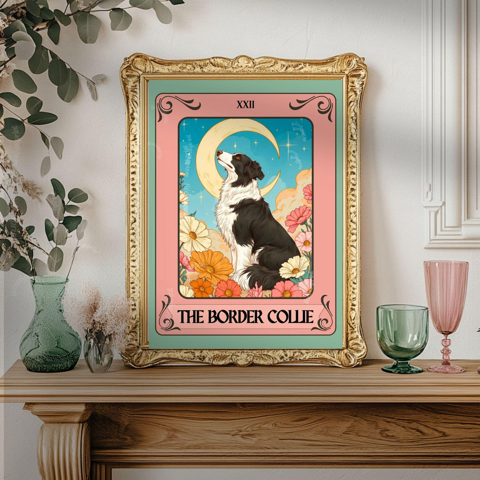 Border Collie Tarot Card Print – The Border Collie Dog Lover Gift Mystical Wall Art Vintage Tarot Dog Memorial Spiritual Decor