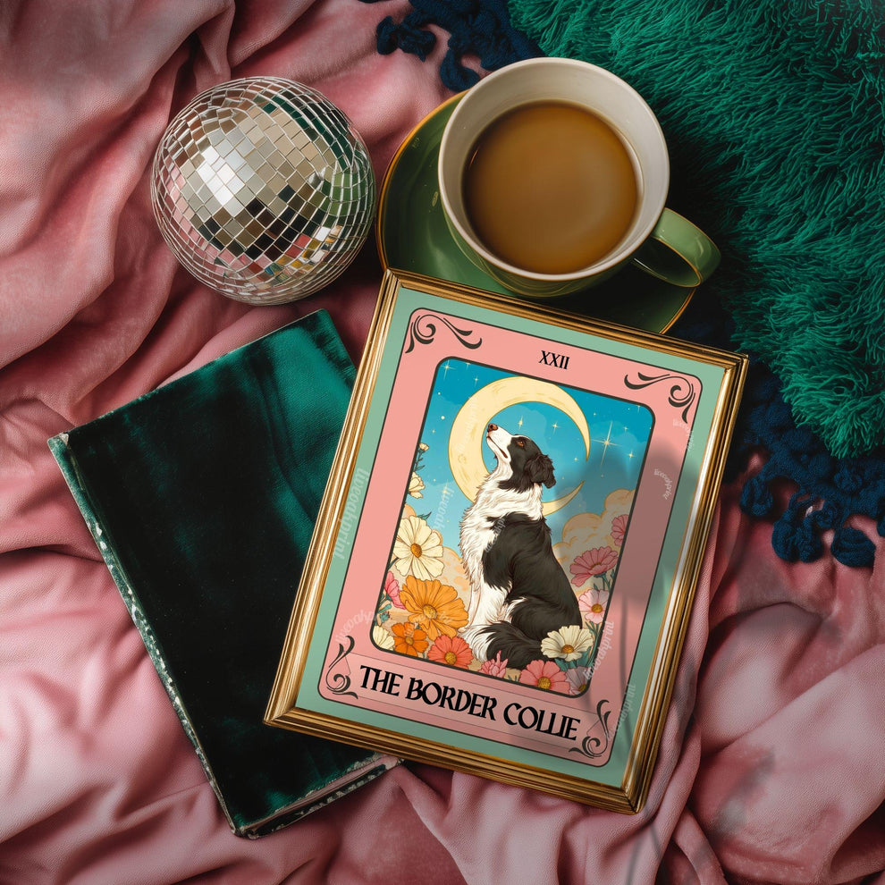 Border Collie Tarot Card Print – The Border Collie Dog Lover Gift Mystical Wall Art Vintage Tarot Dog Memorial Spiritual Decor