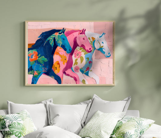 Pink Horizontal Horse Print – Modern Western Decor Pastel Floral Folk Art Blue Wall Decor