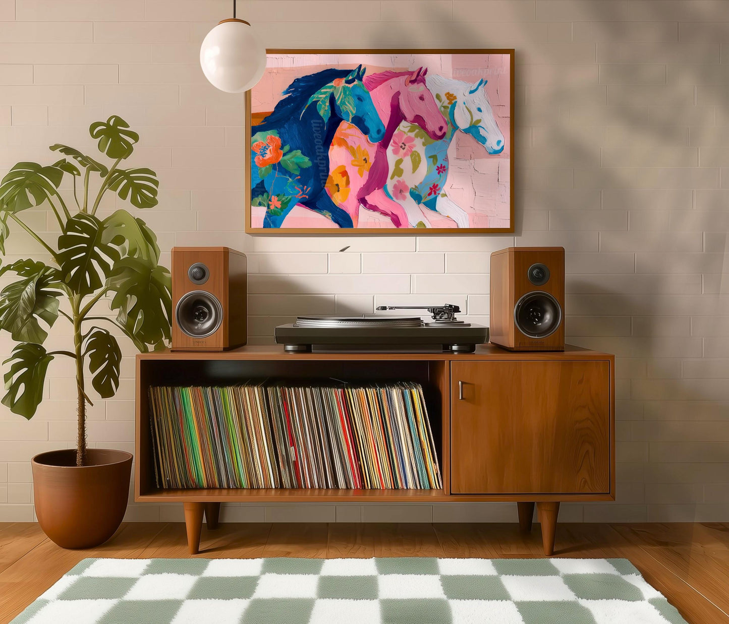 Pink Horizontal Horse Print – Modern Western Decor Pastel Floral Folk Art Blue Wall Decor