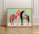 Horizontal Horse Print – Mid Century Horses Pink Green Floral Folk Art Wall Decor