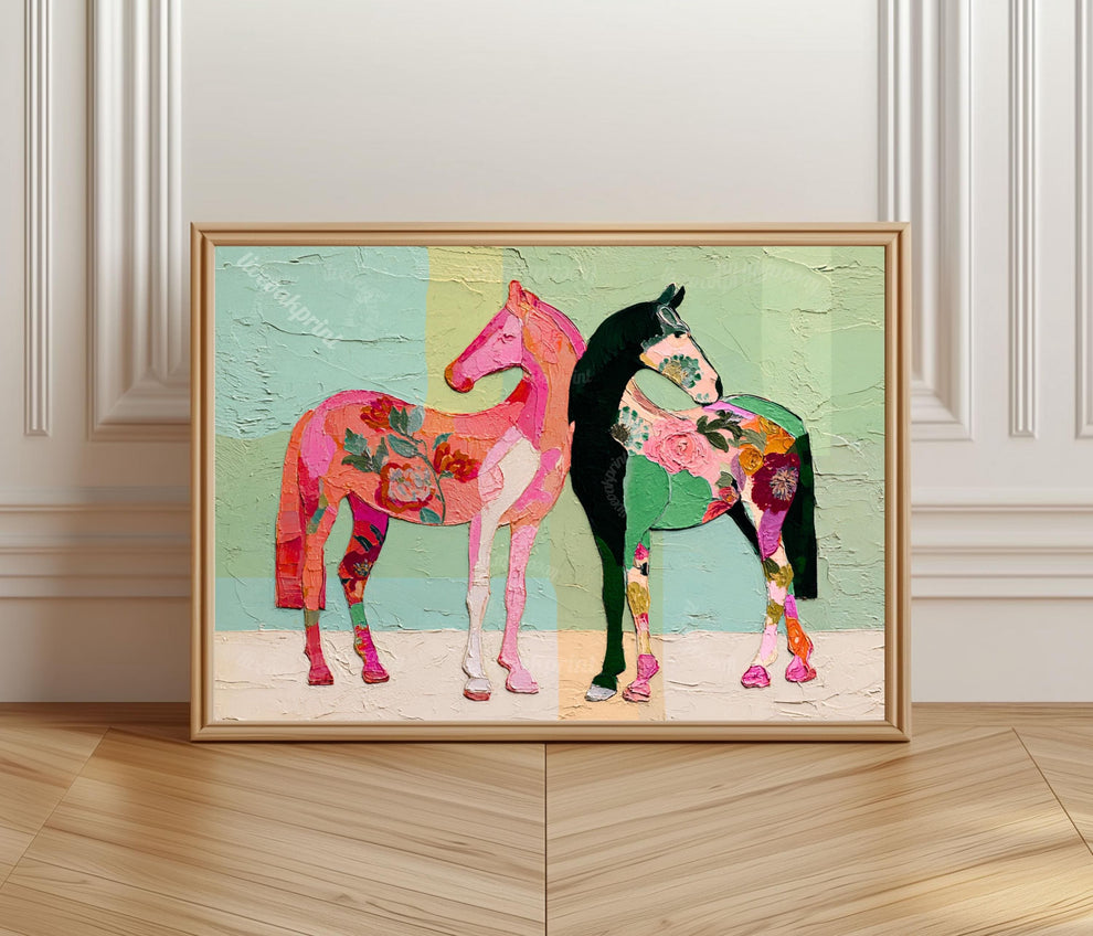 Horizontal Horse Print – Mid Century Horses Pink Green Floral Folk Art Wall Decor