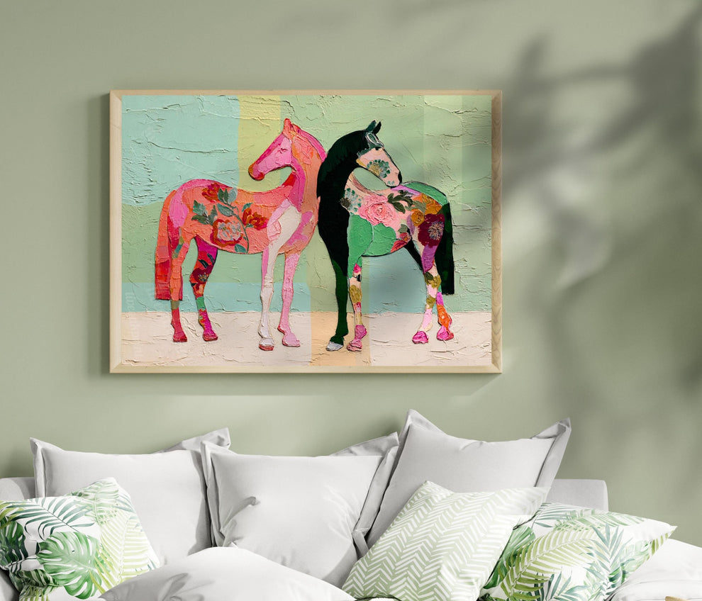 Horizontal Horse Print – Mid Century Horses Pink Green Floral Folk Art Wall Decor