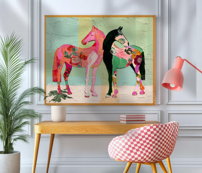 Horizontal Horse Print – Mid Century Horses Pink Green Floral Folk Art Wall Decor