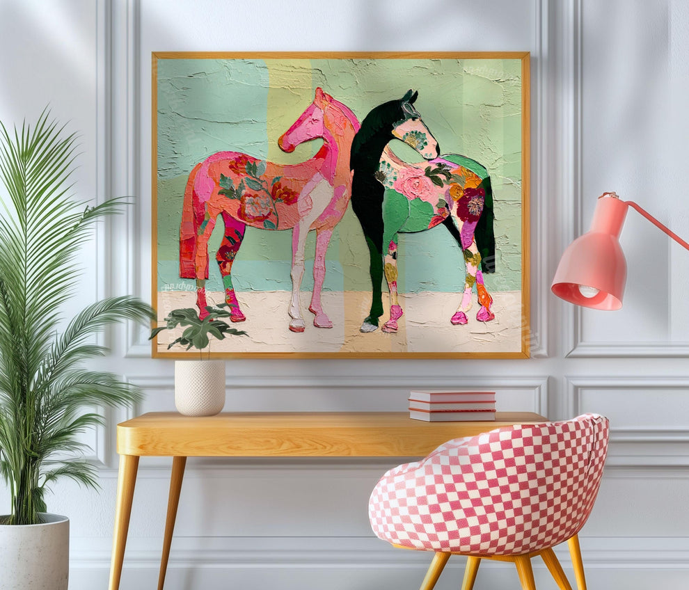 Horizontal Horse Print – Mid Century Horses Pink Green Floral Folk Art Wall Decor